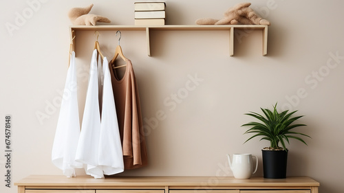 Wooden wardrobe with clothes, t-shirts and a cup of coffee. © D-Stock Photo