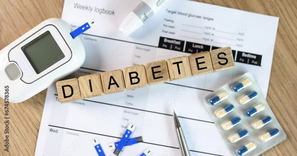 Diabetes inscription on wooden cubes on the doctor table, close-up. Tools and medicines for insulin resistance Diabetes inscription on wooden cubes on the doctor table, close-up. Tools and medicines for insulin resistance