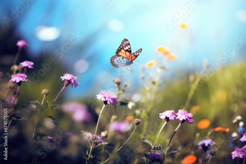 Butterfly in booming wild flower field in Spring.