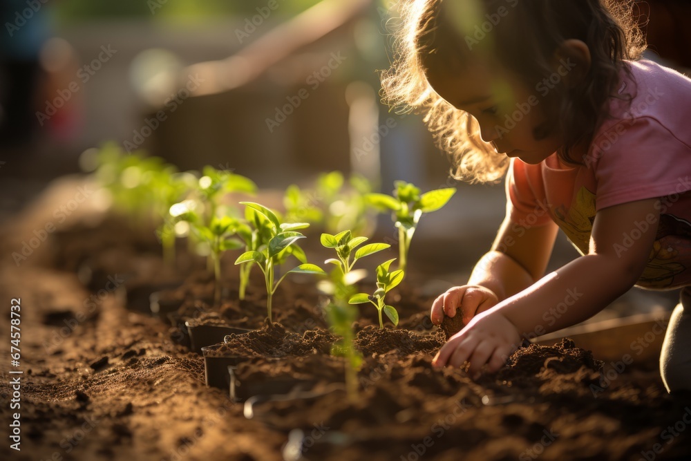 Beautiful little Caucasian girl bending over tiny green sprouts in plant nursery. Adorable child studies and cares for plants. Fostering love of nature and concern for environment from childhood. Beautiful little Caucasian girl bending over tiny green sprouts in plant nursery. Adorable child studies and cares for plants. Fostering love of nature and concern for environment from childhood.