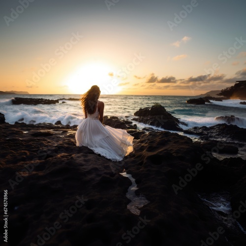Lovely graceful lady sit by beach at sunset with beautiful seascape. Summer tropical vacation concept. © rabbit75_fot