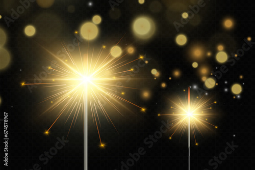Magical light. Sparkler. Candle sparkling on the background. Realistic vector light effect. Winter, seasonal christmas decoration illustration.	

