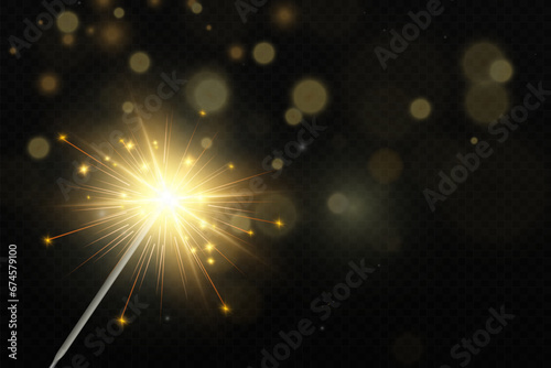 Magical light. Sparkler. Candle sparkling on the background. Realistic vector light effect. Winter, seasonal christmas decoration illustration.	

