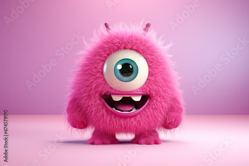 Funny fluffy monster isolated on clear pink background. Happy and furry little monster. Cute yeti. Halloween character
