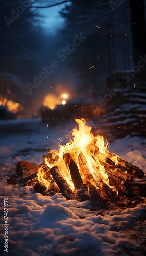 Bonfire in the winter forest at night. Selective focus.