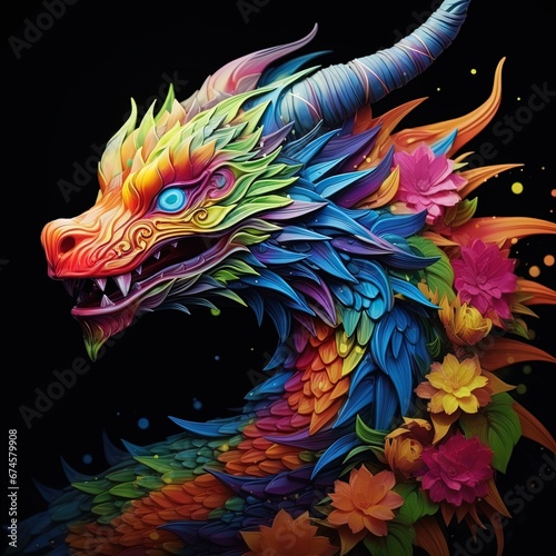 bright multi-colored dragon decorated with flowers on a black background, symbol of the 2024 new year © barinovalena