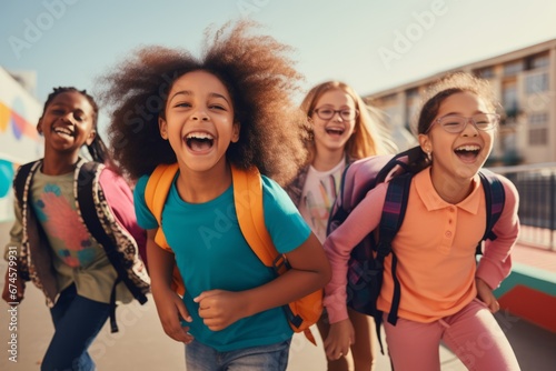 Happy smiling multiethnic kids posing for group portrait in a school yard. Cheerful schoolchildren hugging and looking at camera. Kids of different skin color go to school together. Diversity concept. photo