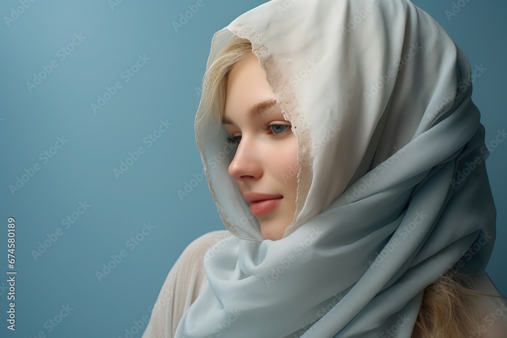 Fototapeta premium Western Woman wearing Hijab depicting Tourist from Foreign Western Countries Visiting Mosque Muslim Islamic Arabic Culture Concept Head Scarf Veils Women Beautiful Portrait