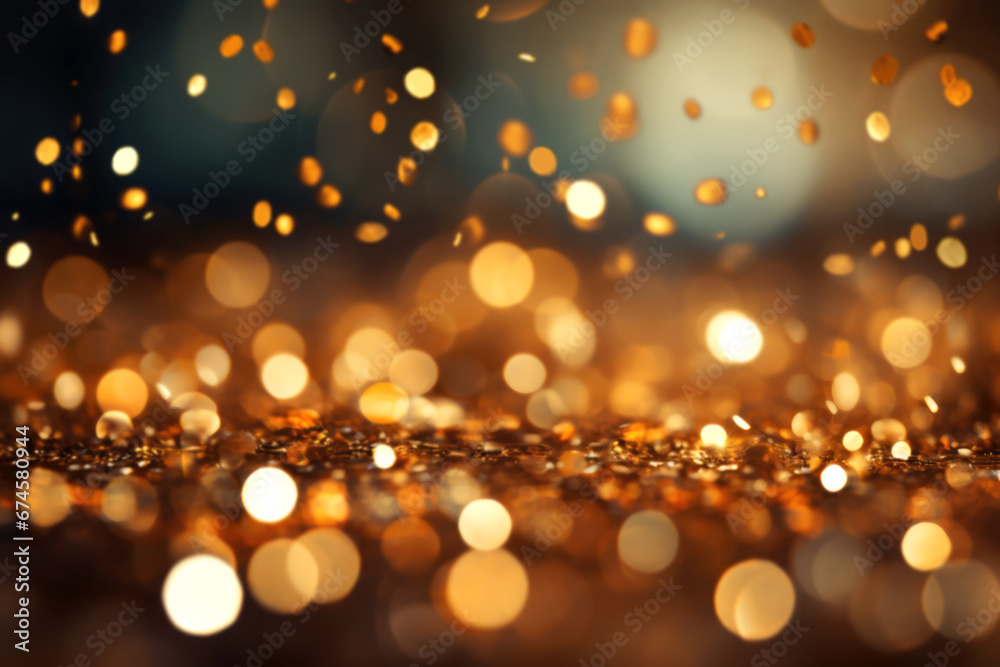 Sparkling Background with Bokeh made of Elegant Gold Christmas Lights in Peach Fuzz Color of the Year 2024. Blurred backdrop for Christmas Holidays and party and greeting card. 