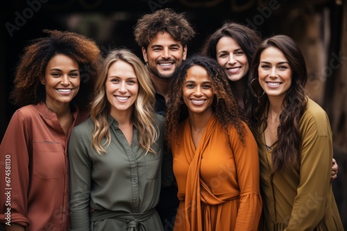 Half-length studio portrait of cheerful smiling young people. Group of millennial friends with diverse race, sex and cultural backgrounds. Diversity, friendship and multi-ethnic youth concept. © Georgii