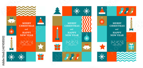 Merry Christmas modern card set elements greeting text lettering  vector