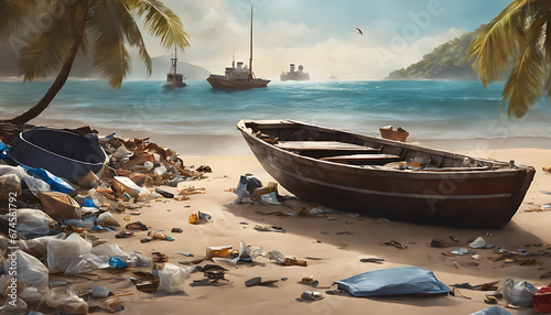 A beach scene with a partially submerged boat surrounded by trash, highlighting the issue of pollution and the need for environmental preservation.
