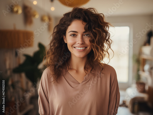 Happy Woman smiling with perfect smile standing in the room at hime, filling happines, good girl neighbor. Girl next door. Generative AI.