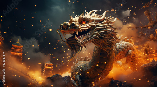 Chinese new year 2024 year of the dragon. Chinese zodiac symbol on dramatic fantasy background. Traditional Religion and culture of Chinese New Year festival celebration. Generative AI