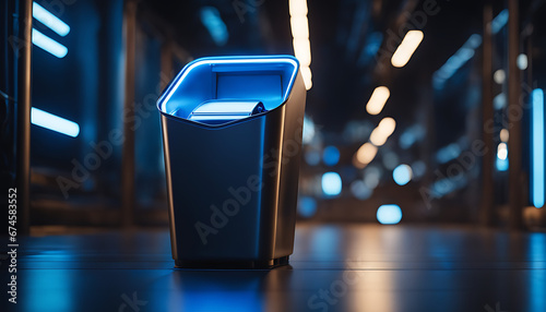 A futuristic trash bin with sleek metallic curves and a glowing blue light, overflowing with discarded technology and gadgets..