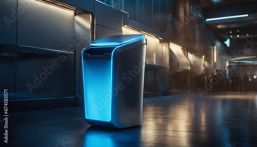 A futuristic trash bin with sleek metallic curves and a glowing blue light, overflowing with discarded technology and gadgets..