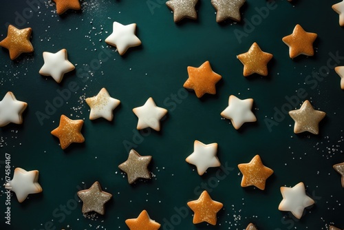 Many gingerbread cookies on dark green background. Traditional german xmas cinnamon stars with icing decoration. Christmas greeting card. Holiday baking concept. Top view flat lay
