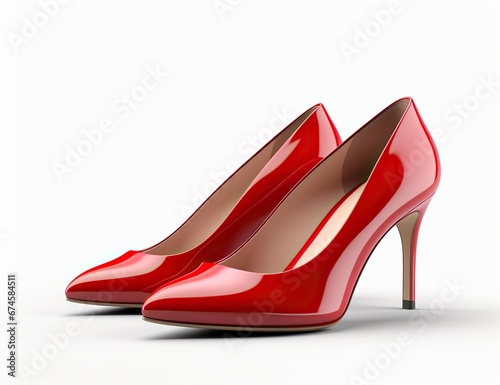 Red patent leather high-heeled pumps are positioned against a white background.