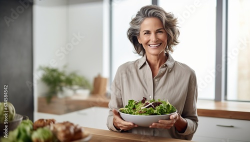 Adult Caucasian woman with short silver hair smiling while holding a bowl of fresh green salad in a bright modern kitchen.
