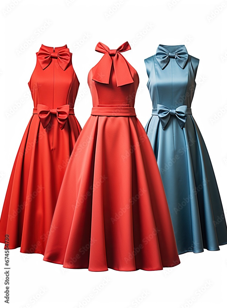 Three sleeveless red and blue dresses with bows at the waist and stand-up collars on a white background. Three sleeveless red and blue dresses with bows at the waist and stand-up collars on a white background.