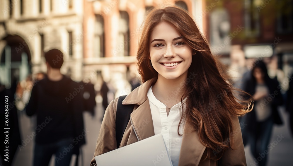 A smiling young brunette with long hair wearing glasses and casual clothing, is holding papers and walking down a busy city street among other people. A smiling young brunette with long hair wearing glasses and casual clothing, is holding papers and walking down a busy city street among other people.