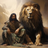 an Abbasid warrior sitting next to his giant pet lion 
