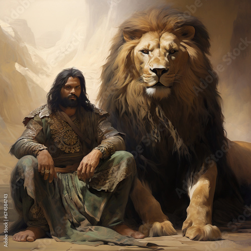 an Abbasid warrior sitting next to his giant pet lion  photo