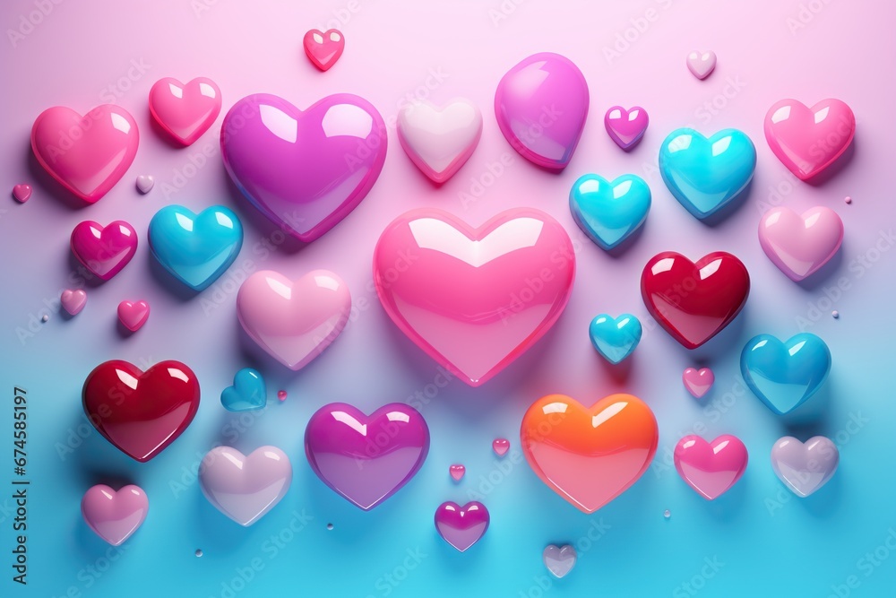 Multicolored hearts in various shades of pink, blue, and red, against a gradient pink and blue background.