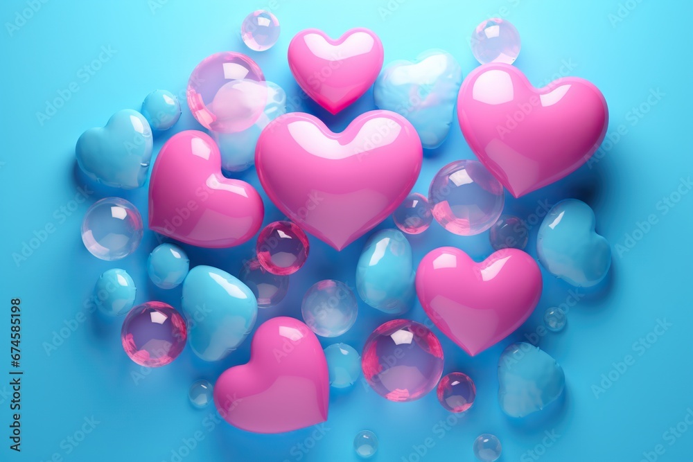 A collection of multicolored hearts in varying shades of pink and blue with different levels of transparency, clustered together against a solid blue background.