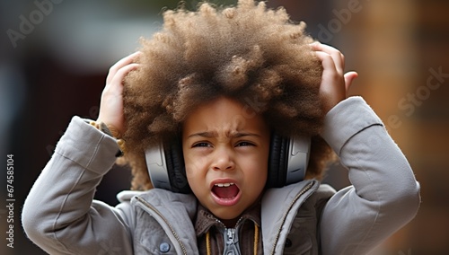 A young African American child in a gray coat with a hood and a beige sweater is experiencing discomfort, pressing hands to headphones and opening mouth in an expression of noise or loud music. photo