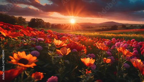 a sunset over a field of colorful flowers. The sky is ablaze with color, with hues of orange, red, pink, and yellow. The flowers are in bloom
