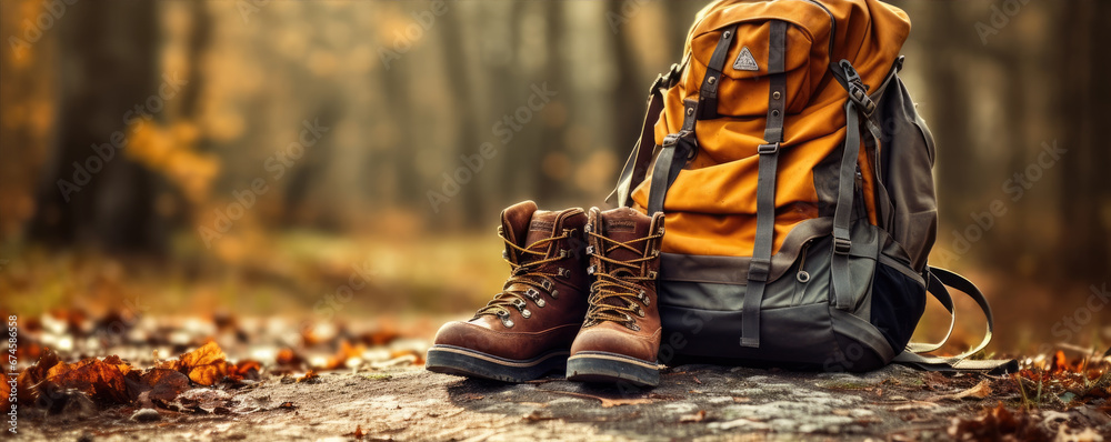 Hiker boots and backpack in the wild nature. generative ai
