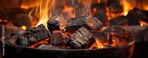 Burning wood briquettes on the grill. generative ai photo