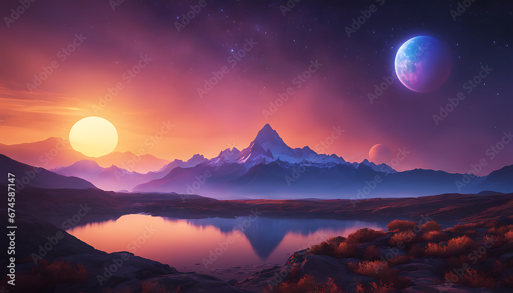 an artist's rendering of a sunset over another planet. The sun is a deep orange color and is setting behind a mountain range. The sky is a gradient of purple and blue, with a few stars visible