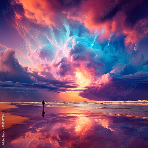 A large colorful cumulonimbus clouds over the beach. Surreal seascape. Generative AI © Oleksandr