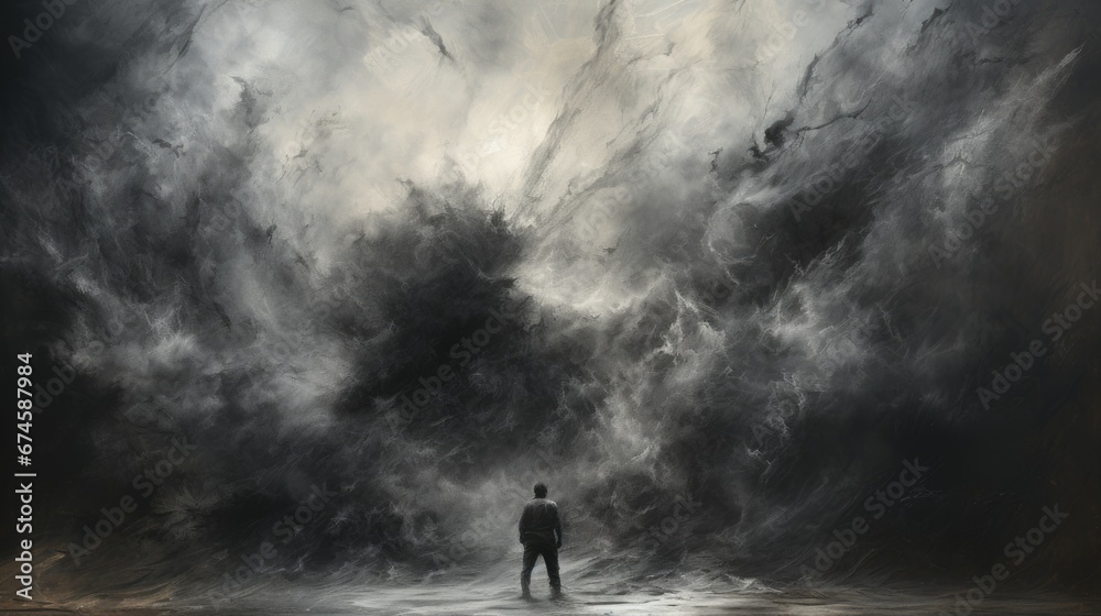 Depression illustration Alone Person in the fog Charcoal drawing on paper artistic style Depression illustration Alone Person in the fog Charcoal drawing on paper artistic style