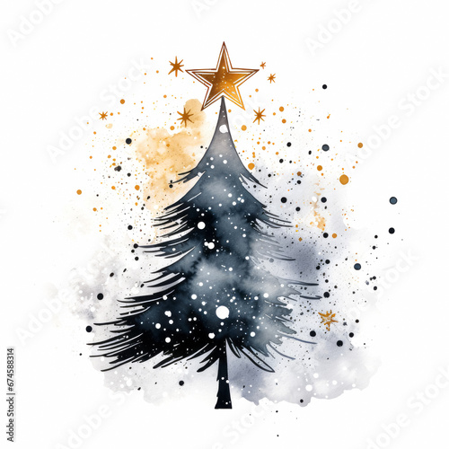 Christmas tree traditional on a white background. Watercolor.