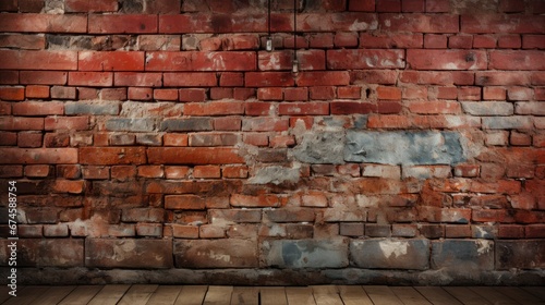 Empty space Brick wall with wooden floor in the foreground in various shades of red and orange