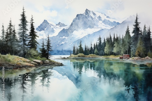 Górski krajobraz z lasem i rzeką namalowany akwarelą.  © Bear Boy 