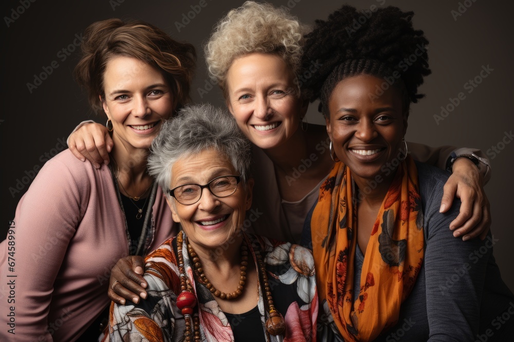 Half-length portrait of four cheerful senior diverse multiethnic women. Female friends smiling at camera while posing together. Diversity, beauty, friendship concept. Isolated over grey background.