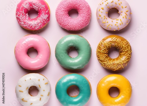 Donuts are multicolored on a solid background