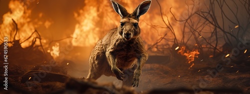 Kangaroo with the bush fire on the background. Burning forest in Australia. Natural disaster. Generated Ai photo