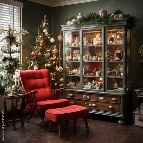 Christmas living room with christmas tree and red armchair. Christmas background © Iman