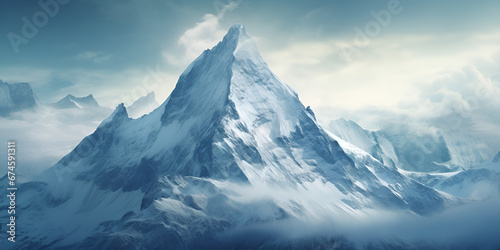 Fantastic winter epic landscape of mountains frozen nature mystic valley gaming background,, Snow ice faded mountain hill peak. Nature outdoor landscape background Generative Ai