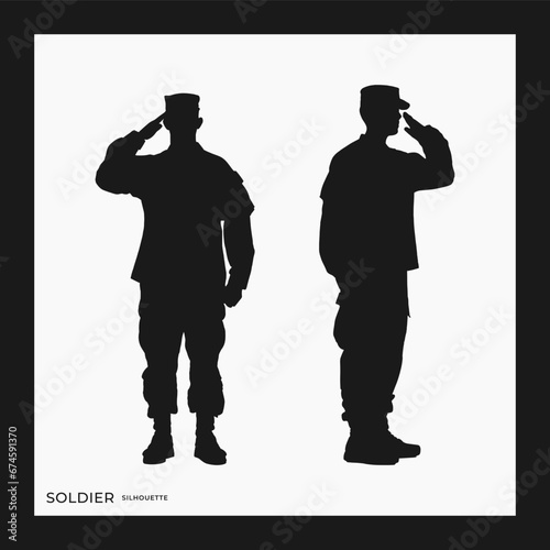 Soldier silhouette with salut pose, respect gesture, white background