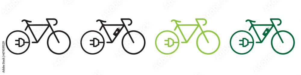 Electric bicycle icon. Black cable electrical bike contour and plug charging symbol. Eco friendly electro cycle vehicle sign concept. Vector battery powered e-bike transportation eps illustration Electric bicycle icon. Black cable electrical bike contour and plug charging symbol. Eco friendly electro cycle vehicle sign concept. Vector battery powered e-bike transportation eps illustration