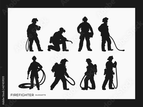 Firefighter silhouette set, realistic style, graphic resource with white background