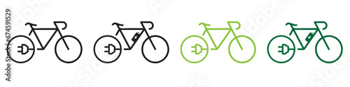 Electric bicycle icon. Black cable electrical bike contour and plug charging symbol. Eco friendly electro cycle vehicle sign concept. Vector battery powered e-bike transportation eps illustration photo