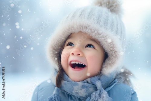 A joyous winter scene of a young child, bundled up in warm clothing, extending their tongue out to catch falling snowflakes during a peaceful snowfall
