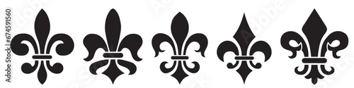 Heraldic lily icons. Fleur-De-Lis icons. Fleur de lis silhouettes. Silhouette style vector icons photo